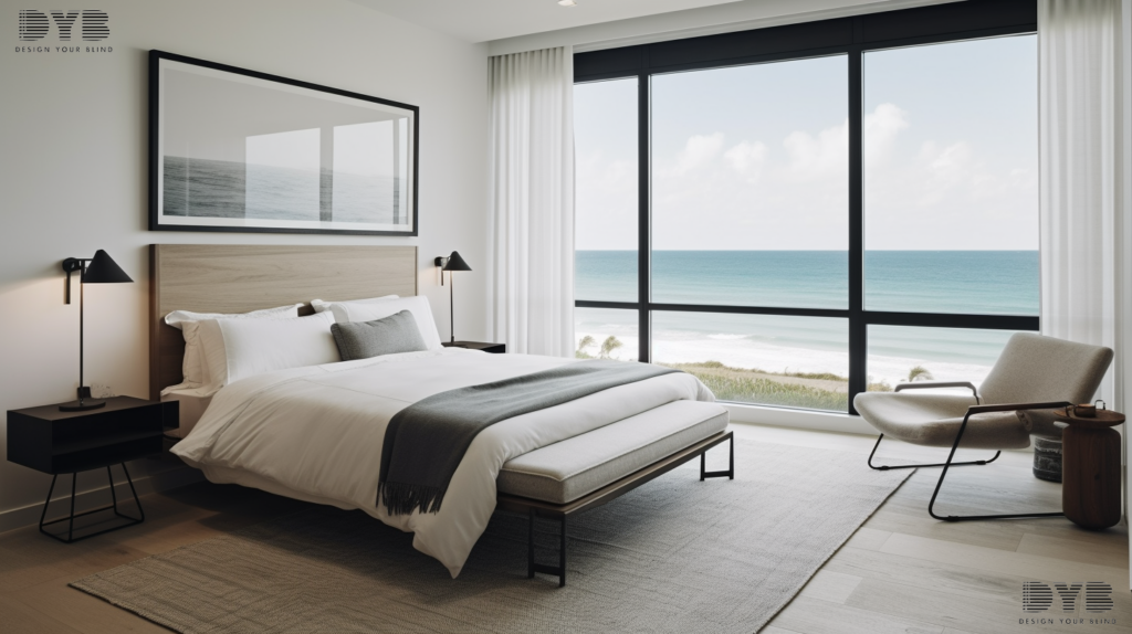 Solar Roller Shades in a West Palm Beach, FL bedroom with a contemporary interior design style.