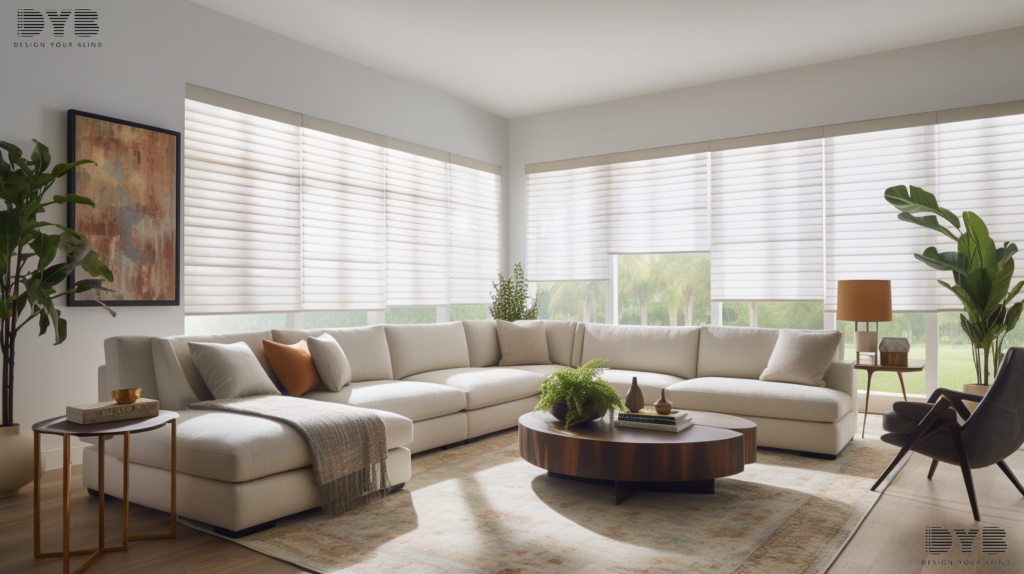 A spacious family room in West Palm Beach with Silhouette Shades, a large sectional sofa, and a view of a lush backyard.