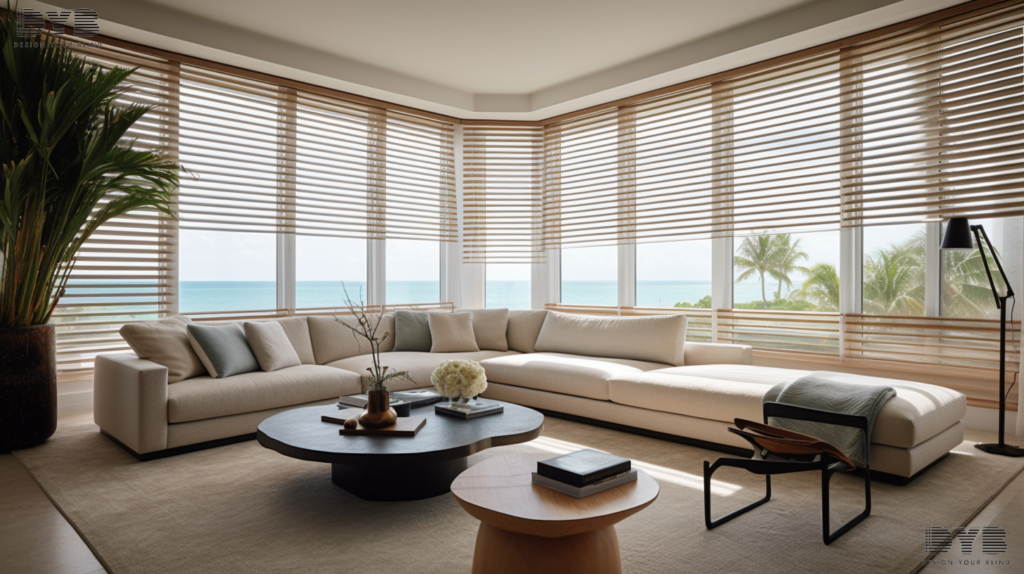 A formal living room in West Palm Beach with Silhouette Shades, a sectional sofa, and a view of the ocean.