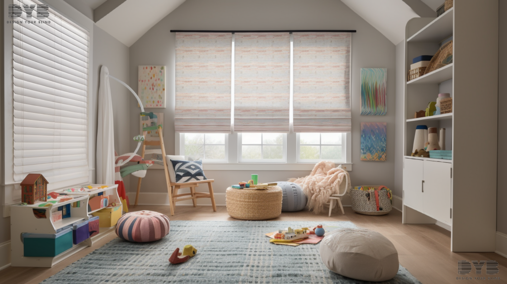 A family room featuring Woven Wood Shades.