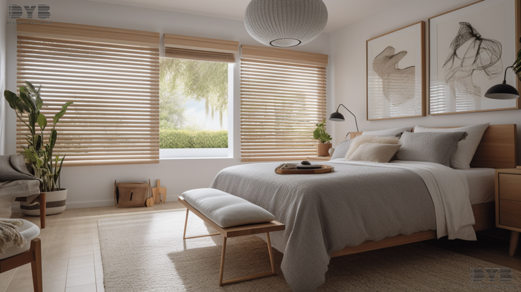 A close-up shot of a minimalist bedroom with a garden view, featuring Woven Wood Shades.
