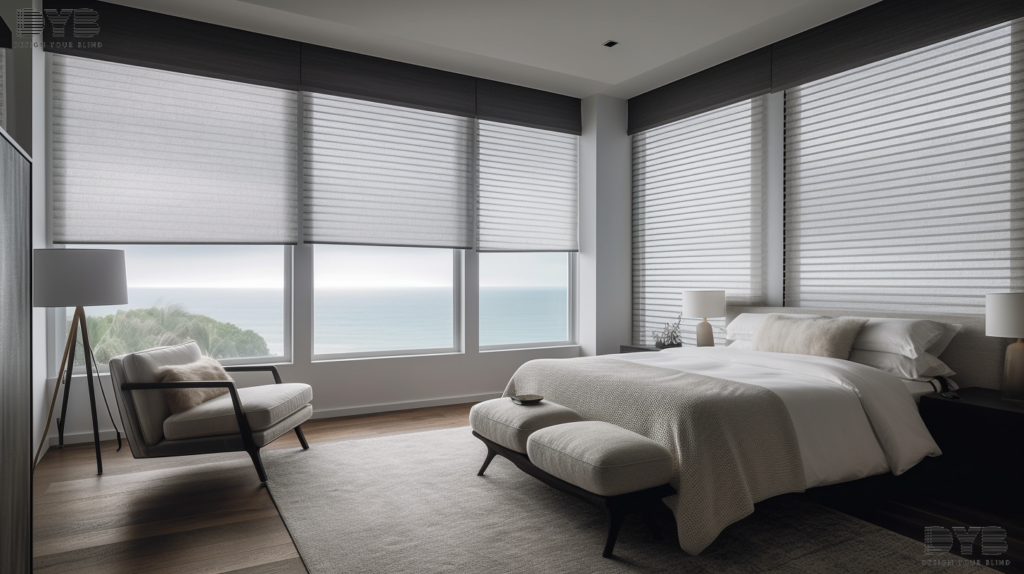 A guest bedroom with an ocean view, featuring Woven Wood Shades.
