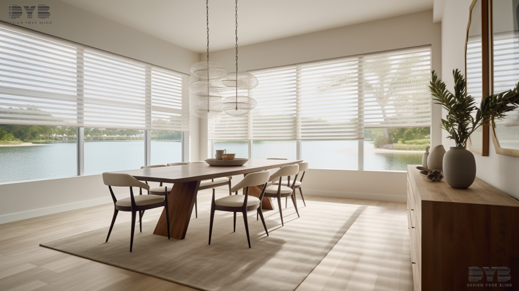 A minimalist dining room in Boynton Beach, Florida, with a wooden table and chairs from Arhaus, featuring Roller Shades that create a tranquil atmosphere with soft shadows.