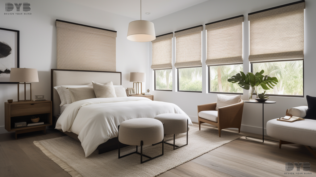 A guest bedroom in Parkland, Florida, showcasing a Farmhouse Modern design with a plush king-sized bed and a statement armchair from Baker Furniture. Sunlight streams through the partially closed Blackout Roller Shades, casting soft shadows on the white walls and creating a sense of calm and privacy. The shades are a neutral color, blending seamlessly with the room's earthy tones and enhancing the rustic charm of the space.