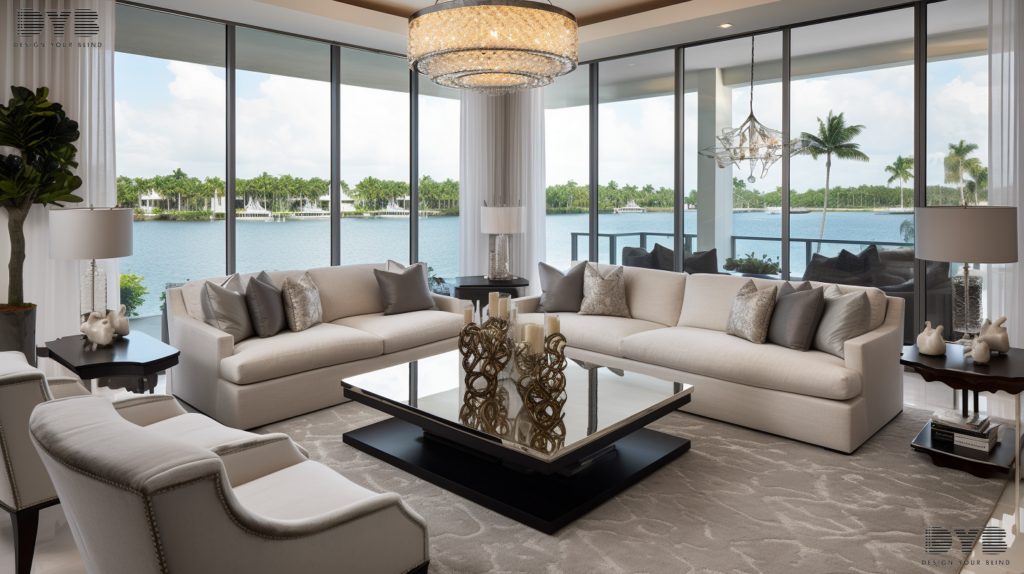 A family room with Plantation Shutters overlooking the ocean in Lighthouse Point, Florida.
