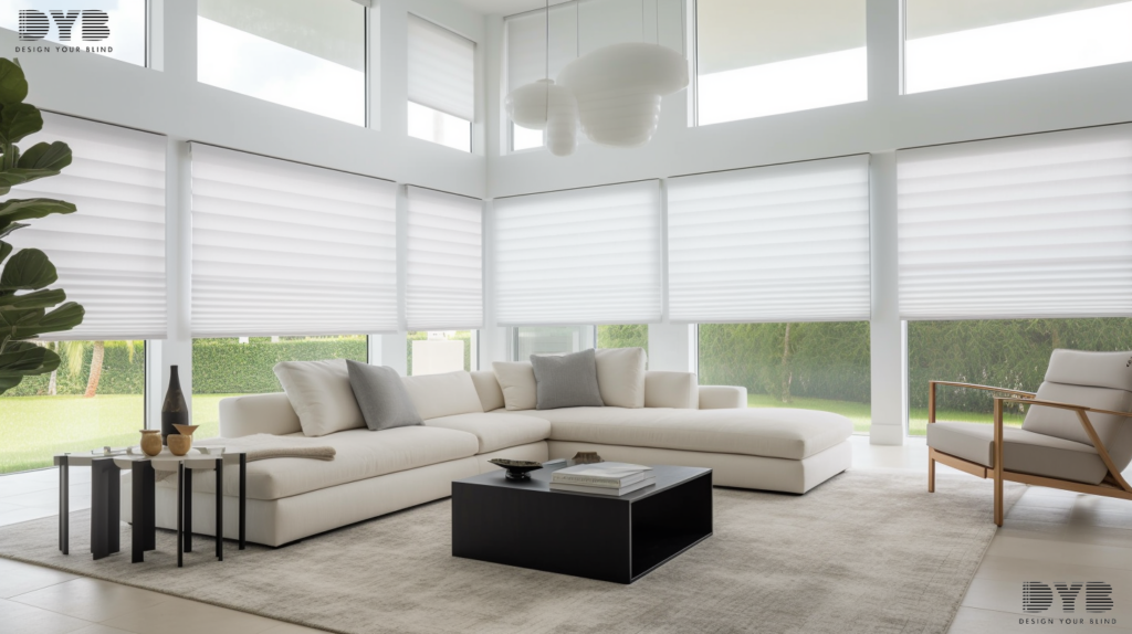 A family room with Roller Shades overlooking a golf course in Lighthouse Point, Florida.