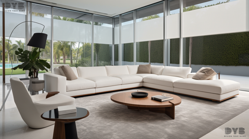 A formal living room in Parkland, Florida, designed in a Minimalist style. It features a sleek leather sectional sofa and a glass coffee table from Bernhardt. The Roller Shades are partially closed, providing a soft glow from the sunlight that filters through the fabric. The shades themselves are a clean, white color, adding to the room's minimalist aesthetic. The windows offer a stunning view of the canals, creating a serene and peaceful atmosphere.