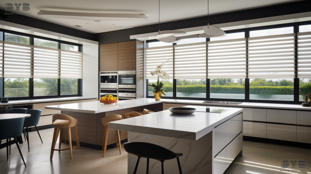 A modern kitchen in Boynton Beach, Florida, with a view of a golf course and furniture from Baker Furniture, featuring a close-up of Roller Shades that showcase their contemporary design and functionality.