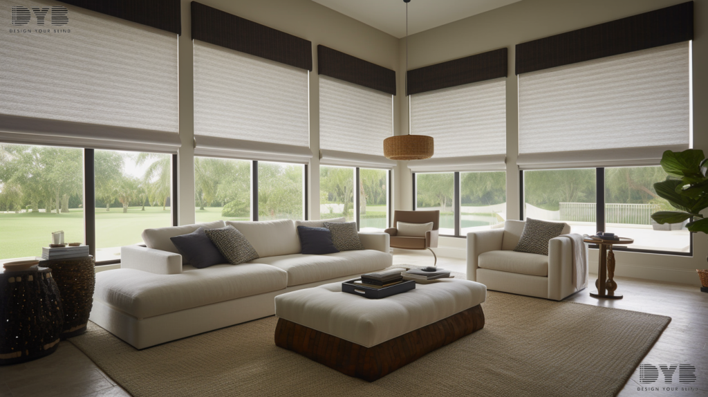 A dining room in Parkland, Florida, boasting a Coastal design with a large window overlooking a backyard with a pool. The room is furnished with a rustic wood dining table and comfortable chairs from Williams Sonoma. The Plantation Shutters are partially closed, casting a soft glow across the room. The white shutters are a classic choice, perfectly complementing the room's light and airy feel. The pool adds a touch of luxury to the space, creating a sense of resort-style living.