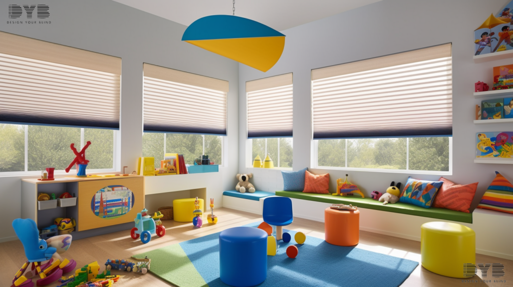 A contemporary playroom in Boynton Beach, Florida, with furniture from Baker Furniture, featuring Roller Shades that create a silhouette against the bright and playful space.