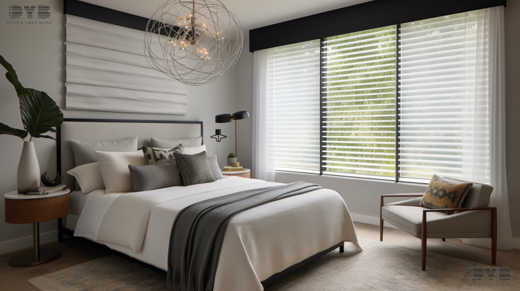 A guest bedroom in Lighthouse Point with Roller Shades featuring a garden view.