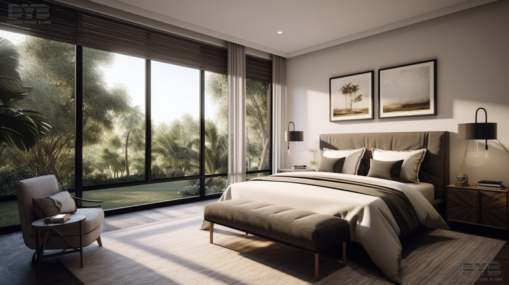 A modern master bedroom in Parkland, FL, with Screen Roller Shades, a king-sized bed, and a lush garden view.