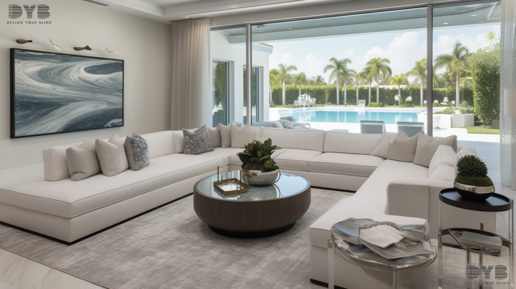 A minimalist dining room in Boynton Beach, FL, featuring blackout curtains on the windows, a dining table, and modern chairs.