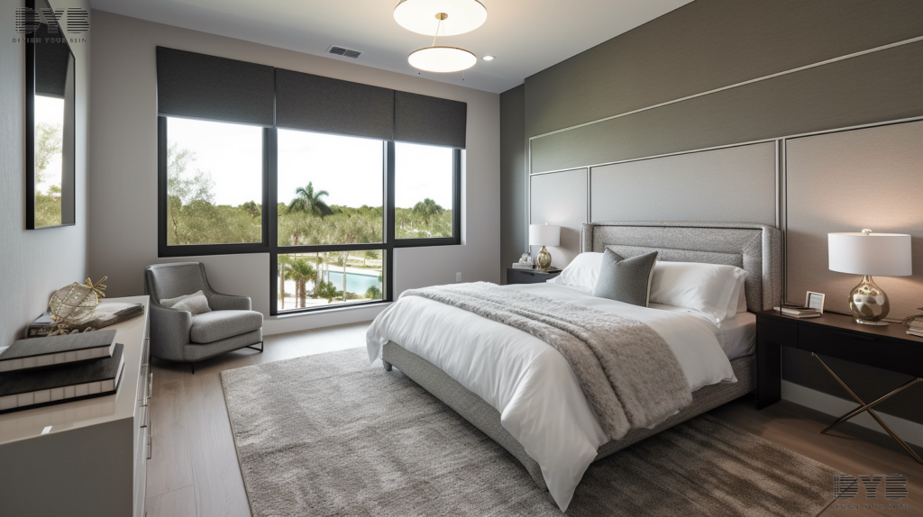 A stylish master bedroom in Boynton Beach, FL, featuring blackout curtains on a window overlooking the golf course.
