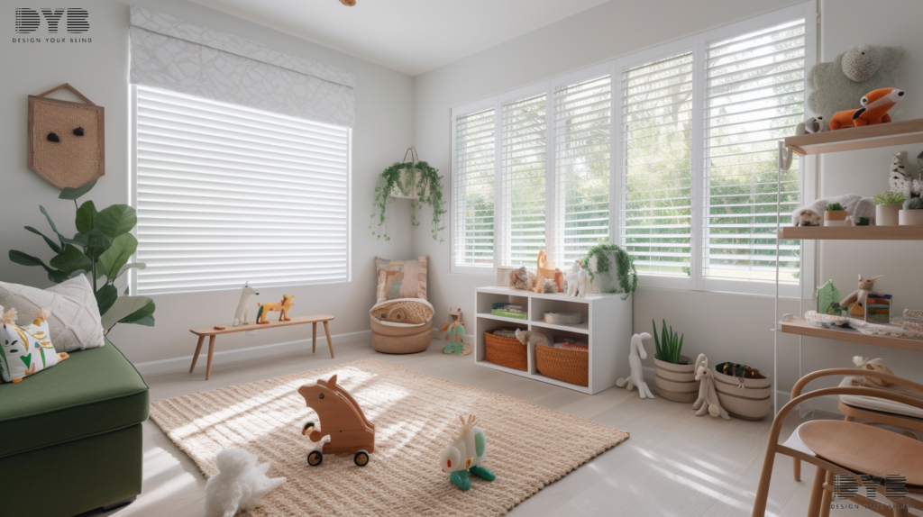 Zebra Shades in a farmhouse modern playroom in Boynton Beach, FL, with a backyard view.