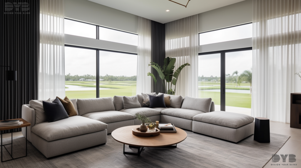 A farmhouse modern living room in Boynton Beach, FL, featuring blackout curtains on a window overlooking the golf course.