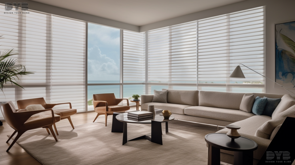 Silhouette Shades in a modern formal living room in Delray Beach, FL, overlooking the ocean.