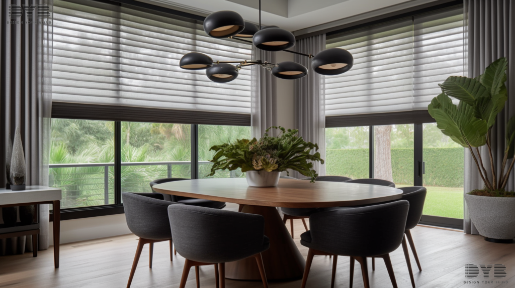 A modern casual dining room in Boynton Beach, FL, featuring blackout curtains on the windows and a rustic dining table.