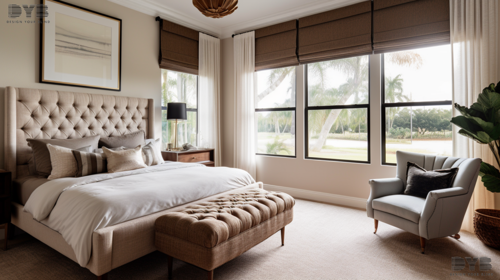 A transitional guest bedroom in Parkland, FL, with Screen Roller Shades, a comfortable bed, and a golf course view.