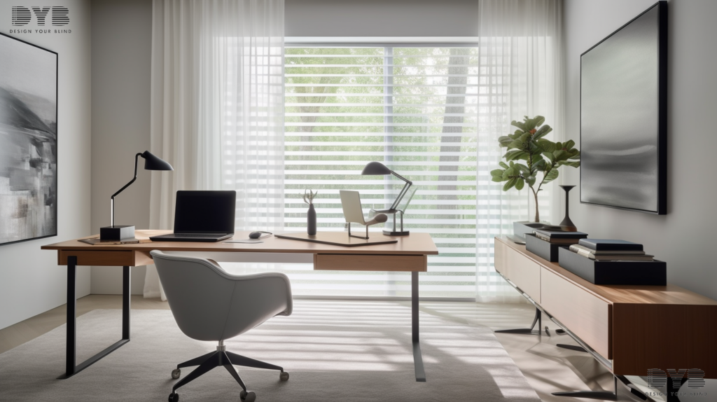 A minimalist home office in Parkland, FL, with Screen Roller Shades, a sleek desk, and a canal view.