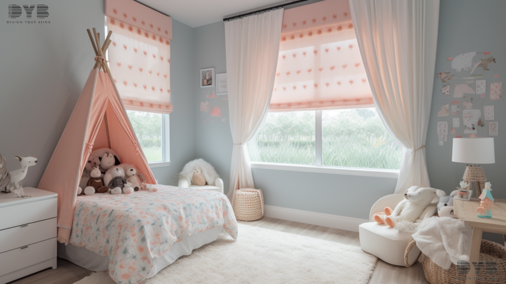 Blackout curtains in a farmhouse modern kids' bedroom in Palm Beach Gardens, FL, with a view of the Intercoastal Waterway.
