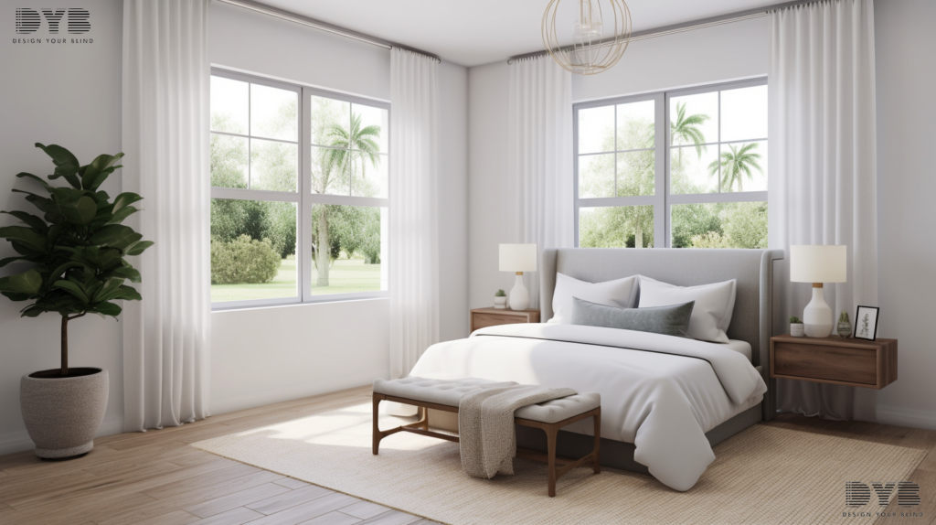 A Palm Beach Gardens bedroom with Sheer Curtains, showcasing a serene garden view.