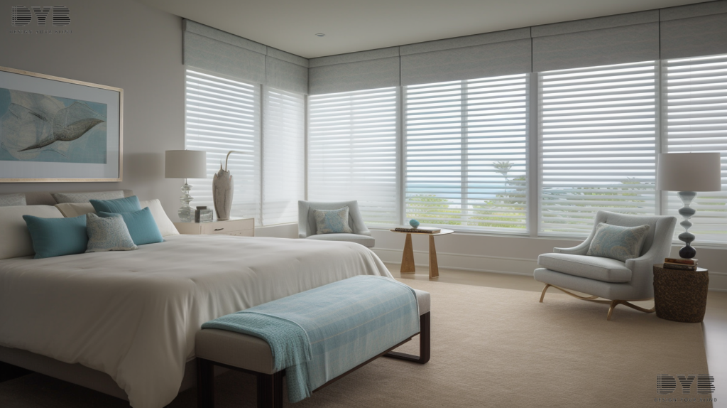 A master bedroom in Boynton Beach, FL, with Zebra Shades on the window, a king-sized bed, and ocean views