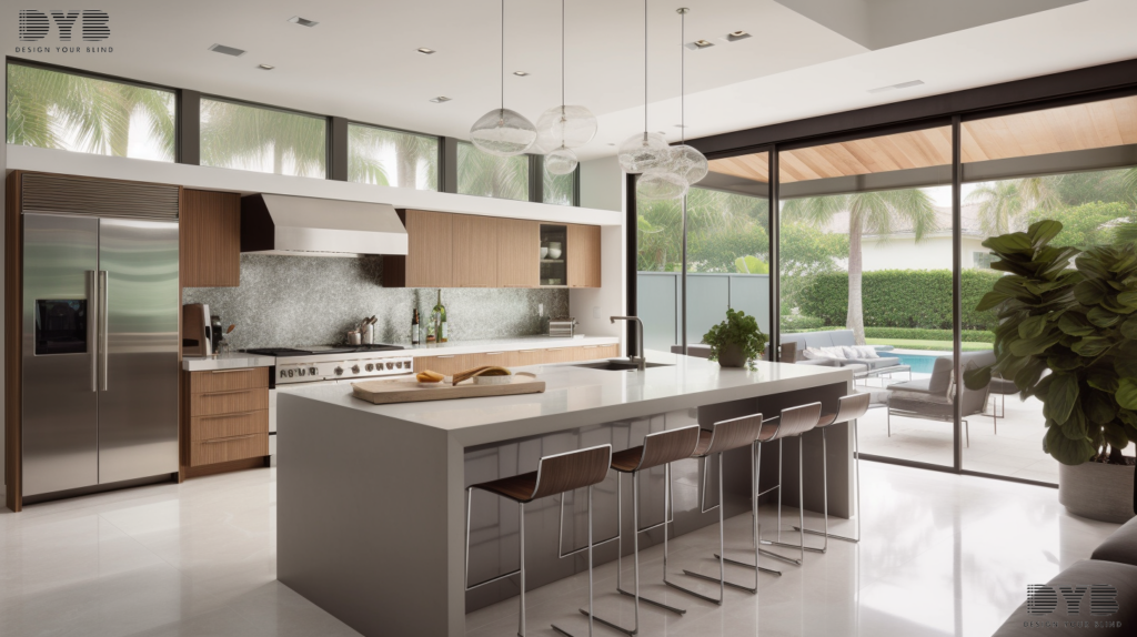 A West Palm Beach Kitchen styled in Contemporary interior design, showcasing a large window with Hunter Douglas Cellular Shades, partially closed. The room features sleek, stainless steel appliances, modern cabinetry, and a large island. The window looks out on a lush backyard with a sparkling pool.