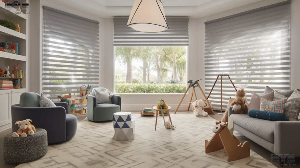 A West Palm Beach Playroom styled in Transitional interior design, showcasing Hunter Douglas Pirouette Shades, partially closed, allowing for soft, diffused light to filter through. The room features a plush sectional sofa, a coffee table, and a bookshelf filled with colorful books. The windows look out on a lush garden.