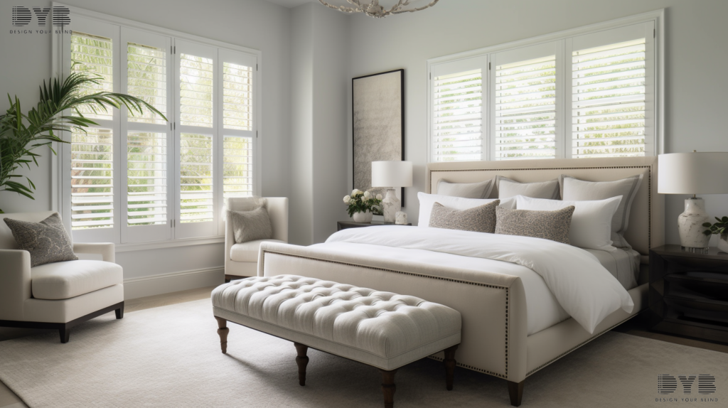 A farmhouse modern master bedroom in Delray Beach, FL, with Zebra Shades, offering a balance of light and privacy while creating a calming atmosphere.