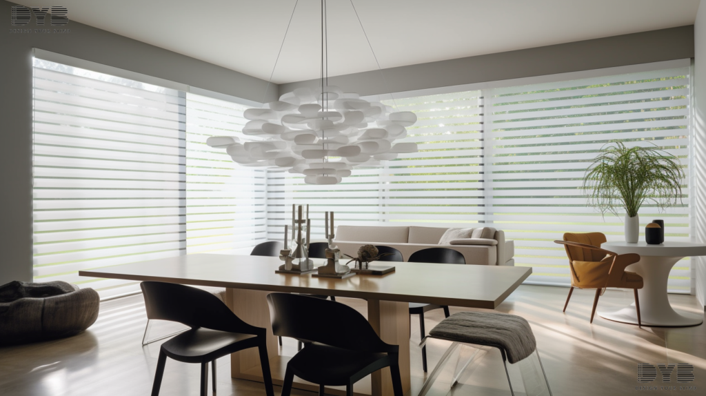 A minimalist dining room in Delray Beach, FL, featuring Zebra Shades, offering a balance of light and privacy while creating a serene and elegant ambiance.