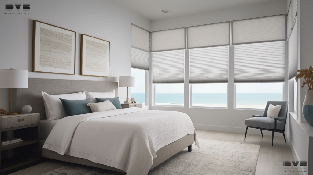 A serene bedroom in West Palm Beach, FL, with Honeycomb Shades and ocean views.