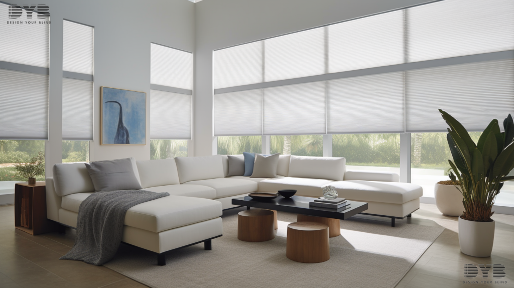 A West Palm Beach Family Room styled in Minimalist interior design, showcasing a large window with Hunter Douglas Honeycomb Shades, partially closed, allowing for soft, natural light to filter through. The room features a plush white sofa, a coffee table, and a floor lamp. The windows look out on the Intercoastal Waterway.