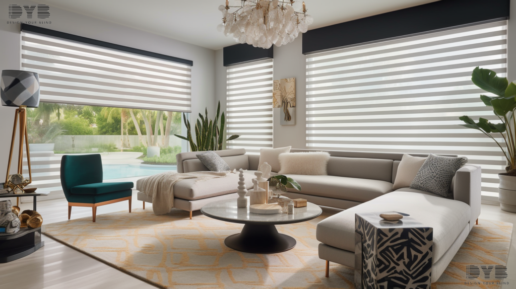 A living room in Boynton Beach, FL, with Zebra Shades on the window, a plush sofa, and ocean views