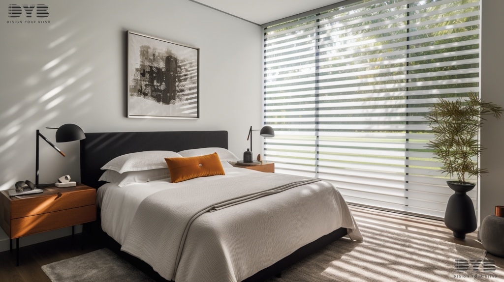 A modern guest bedroom in Boynton Beach, FL, with Zebra Shades on the window, a modern bed, and a backyard with pool