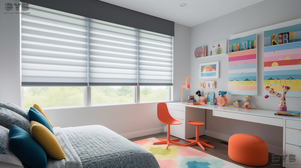 A West Palm Beach Kids Bedroom styled in Modern interior design, showcasing a large window with Blackout Roller Shades, partially closed, allowing for soft, natural light to filter through. The room features a plush bed with colorful bedding, a small desk, and a whimsical area rug. The window looks out on a backyard with a sparkling pool.