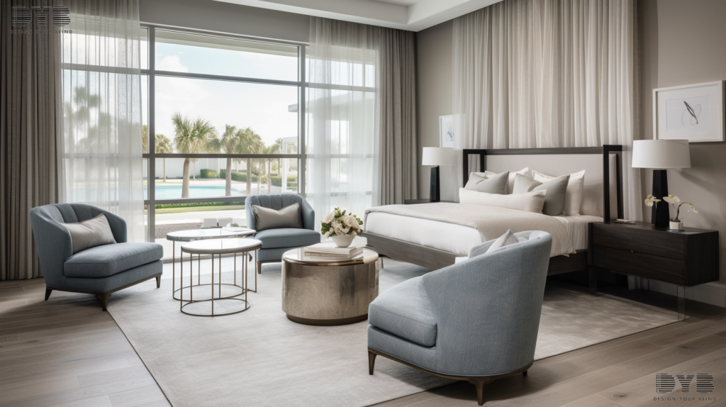 A Palm Beach Gardens bedroom with Sheer Curtains, showcasing a canal view.