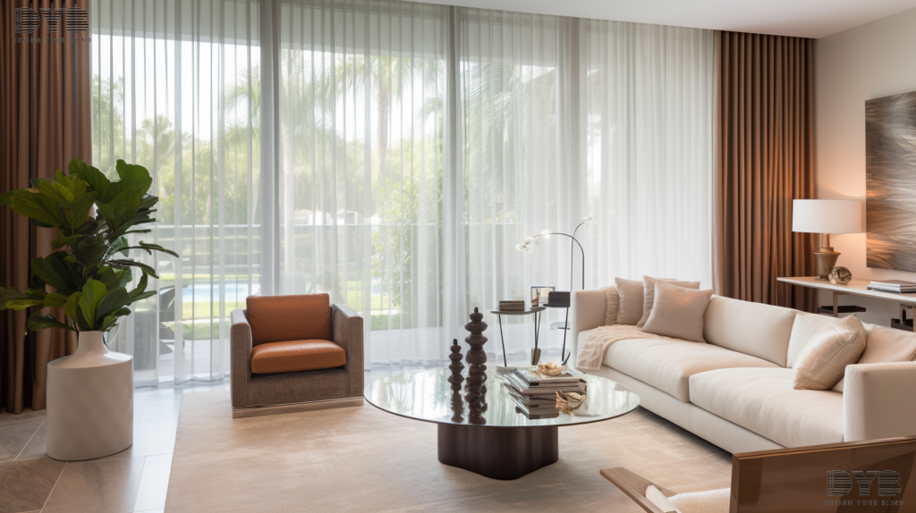 A Palm Beach Gardens formal living room with Sheer Curtains, overlooking the canals.