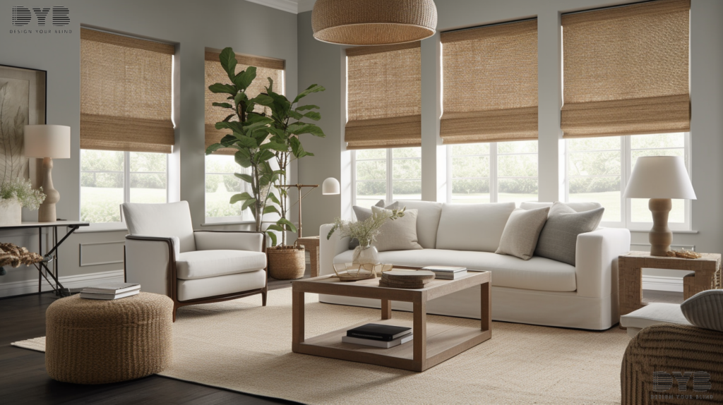 Woven wood roman shades in a Parkland, FL, living room