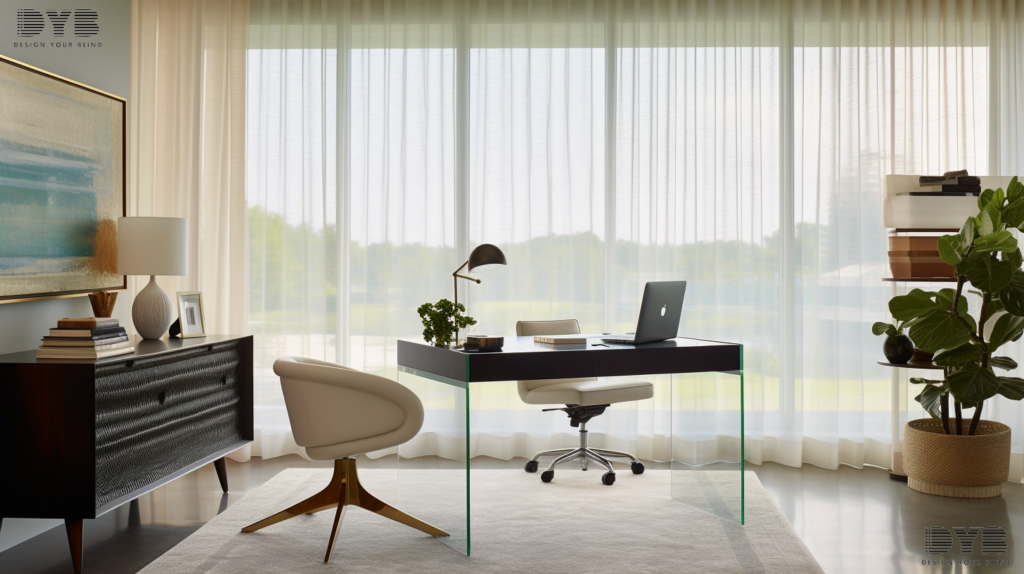 A Palm Beach Gardens home office with Sheer Curtains, overlooking the Intercoastal Waterway.