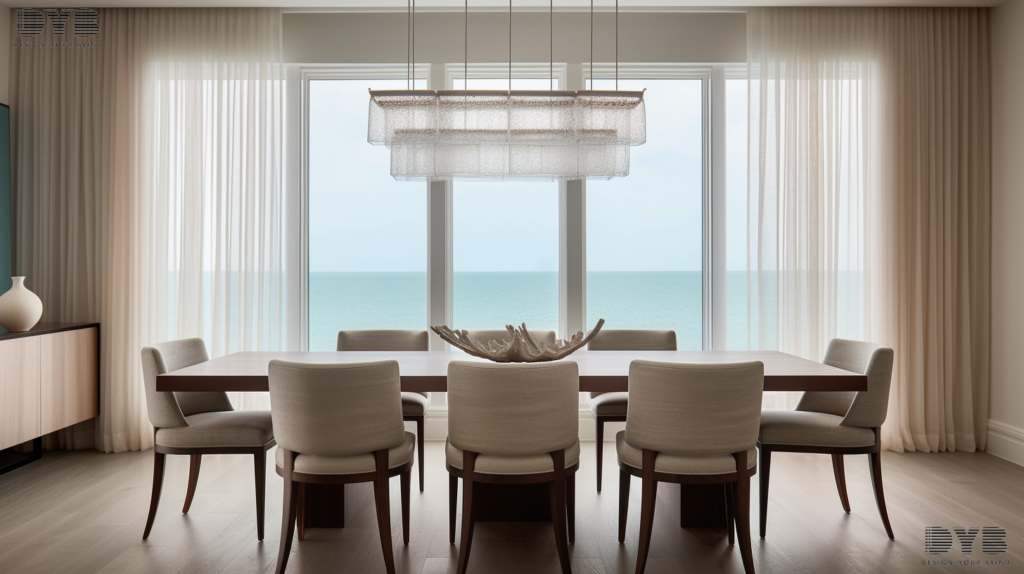 A Palm Beach Gardens dining room with Sheer Curtains, overlooking the ocean.