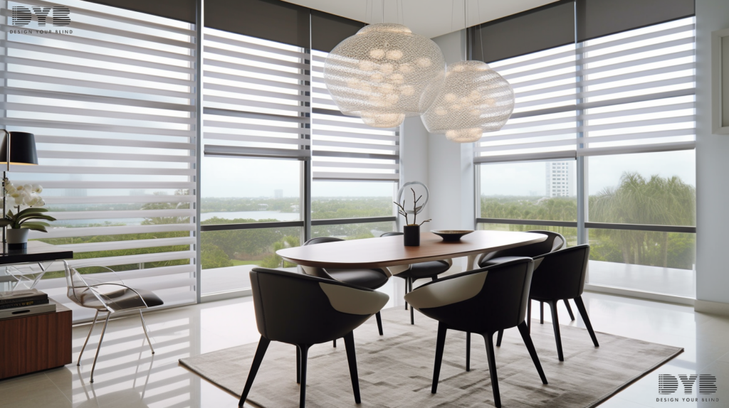 An urban modern dining room in Delray Beach, FL, with Zebra Shades, offering a modern and sophisticated touch while adding a touch of privacy.