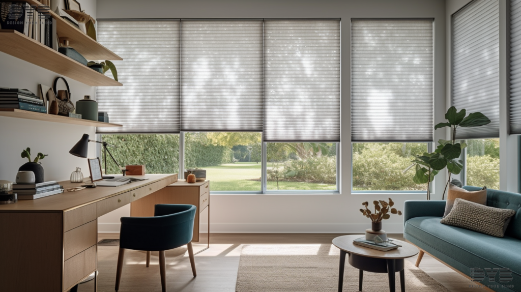 A coastal-inspired home office with Honeycomb Shades in West Palm Beach, FL.