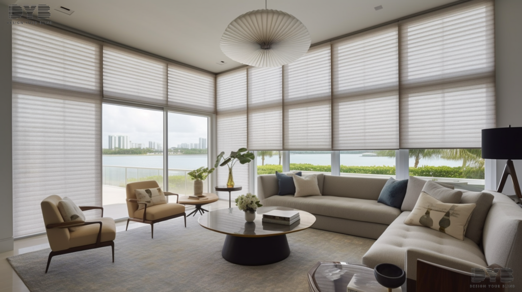 A sophisticated formal living room in West Palm Beach, FL, featuring Honeycomb Shades and Intercoastal Waterway views.