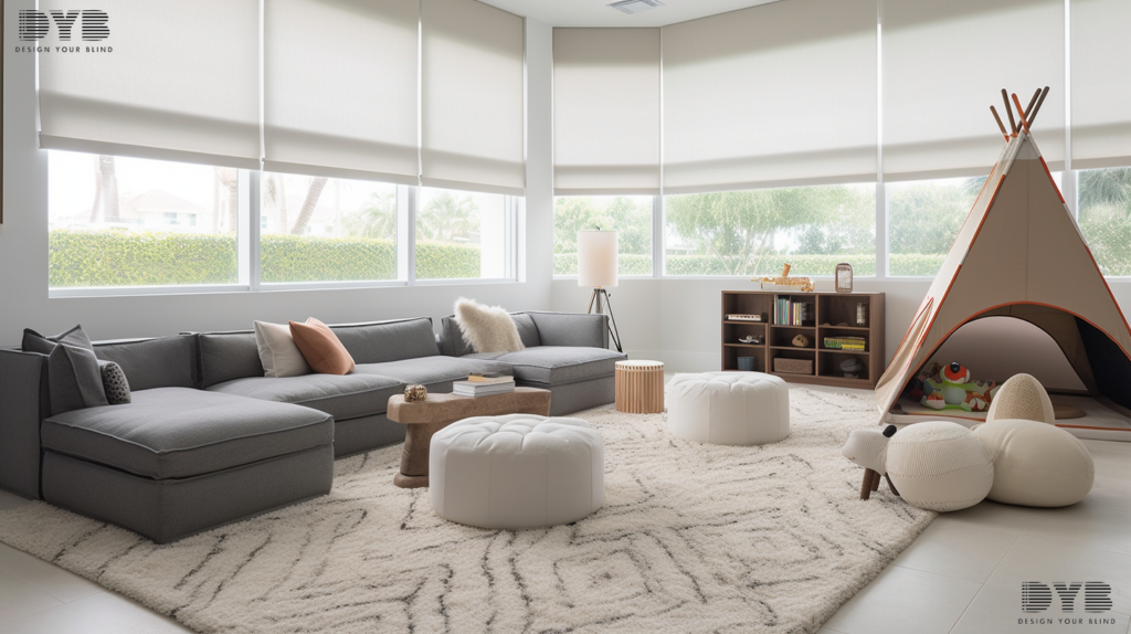 A West Palm Beach Playroom styled in Urban Modern interior design with Restoration Hardware furniture and Hunter Douglas Honeycomb Shades, partially closed, allowing soft light to filter through.