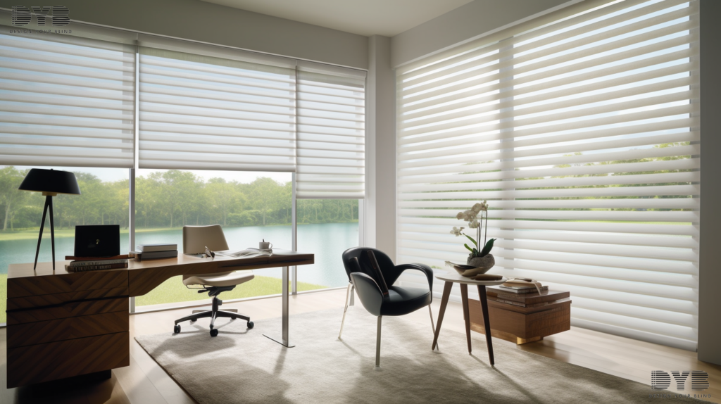 A home office with Zebra Shades in Boca Raton, Florida, overlooking a lake.