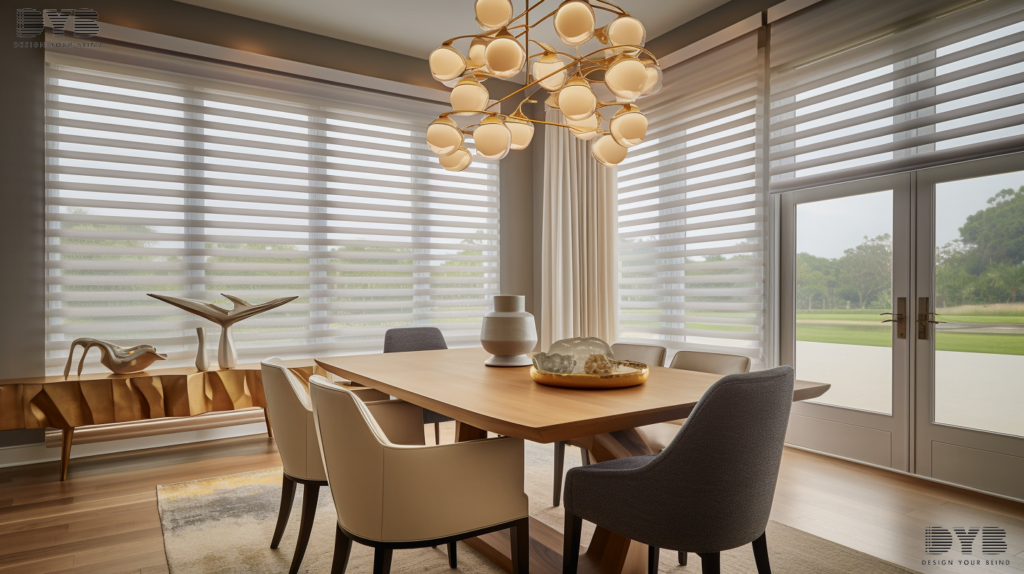 A dining room with Zebra Shades in Boca Raton, Florida, overlooking a golf course.