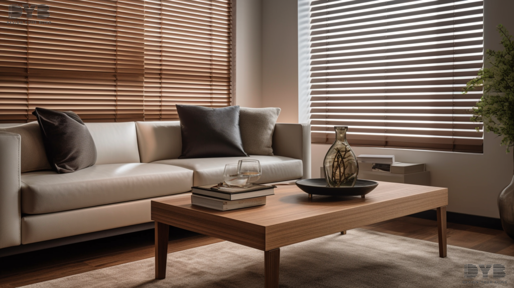 A close-up shot of a window with wooden Horizontal Blinds in Boca Raton, FL, showcasing the rich wood grain and the slatted design. The blind is partially closed, casting soft, warm light onto the plush white sofa and a glass coffee table in the background. The blinds are the focal point of the image. The room is styled in a modern interior design, featuring sleek furniture from Baker Furniture, including a leather sectional and a glass coffee table. The windows offer a stunning view of the golf course, adding a touch of tranquility to the space.