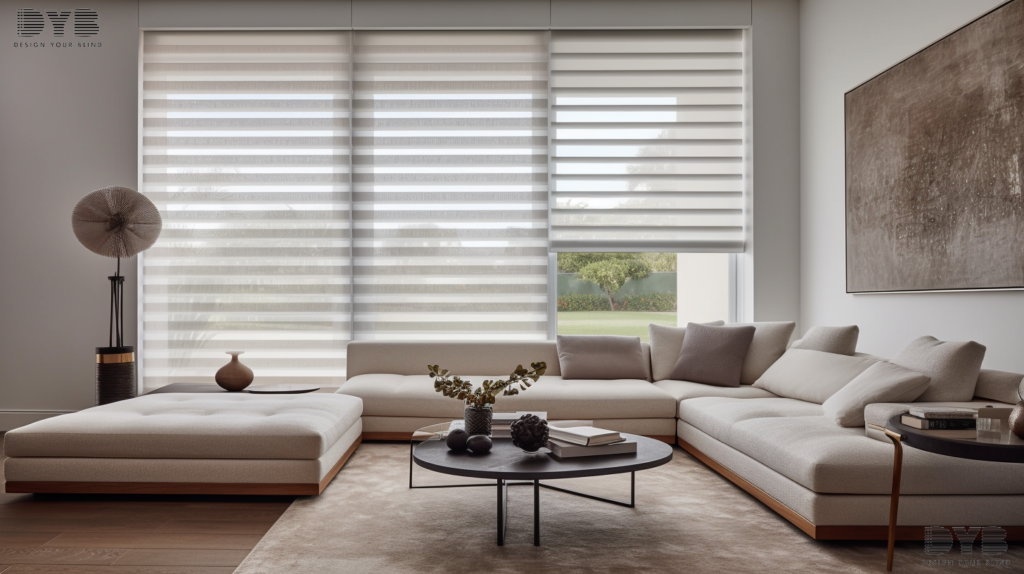 A close-up shot of a window with a set of wooden Horizontal Blinds in Boca Raton, FL, showcasing the unique, alternating bands of fabric in a light and airy living room setting. The blinds are partially closed, offering a balance of light and privacy, protecting the luxurious furniture from the sun's harsh rays. The furniture is a plush white sectional sofa from Restoration Hardware, and an elegant glass coffee table. fine details, magazine real estate photoshoot.