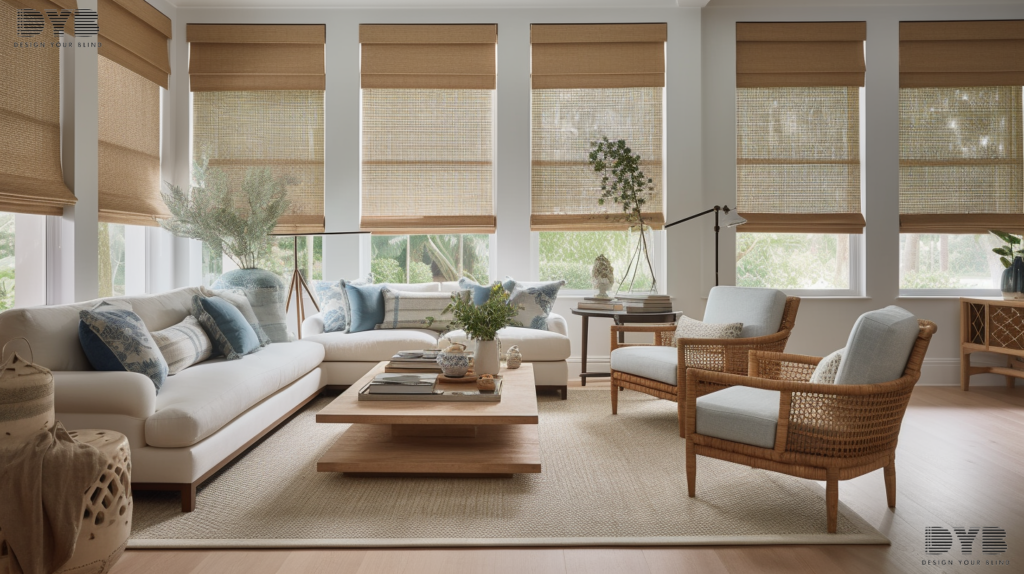 Spacious living room in Delray Beach with fully closed Designer Banded Shades, creating a serene and stylish atmosphere.